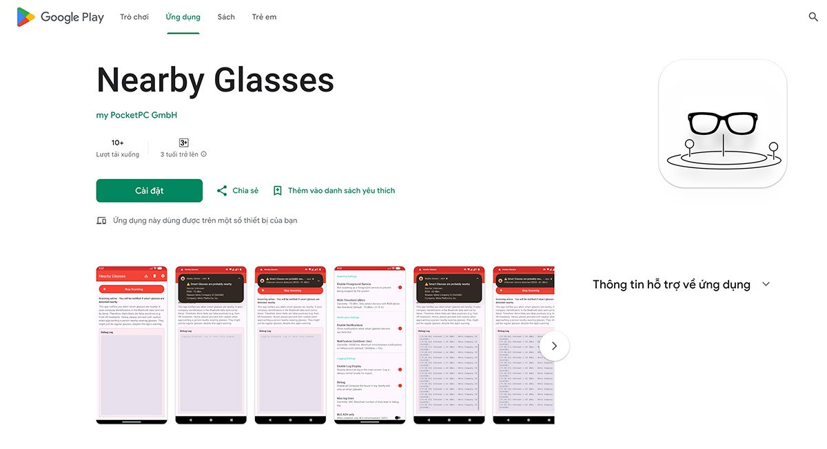 Giao diện ứng dụng Nearby Glasses trên Google Play Store