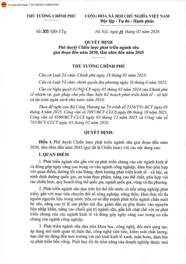 TOÀN VĂN: Quyết định số 309/QĐ-TTg phê duyệt Chiến lược phát triển ngành sữa giai đoạn đến năm 2030 - 2045- Ảnh 3.