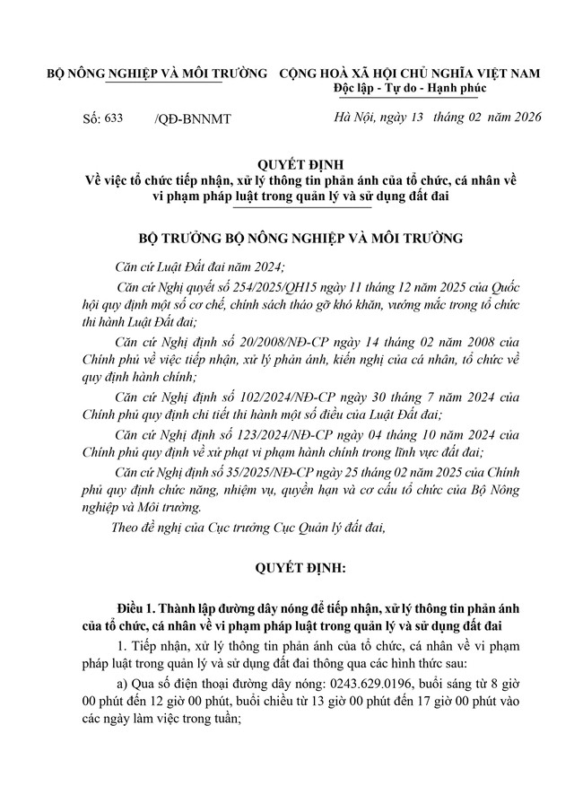 TOÀN VĂN: Quyết định 633/QĐ-BNNMT về tiếp nhận, xử lý phản ánh vi phạm quản lý, sử dụng đất đai- Ảnh 1.