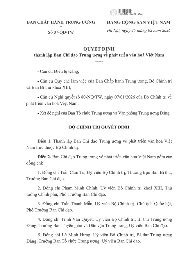 Quyết định số 07-QĐ/TW: Thành lập Ban Chỉ đạo Trung ương về phát triển văn hóa Việt Nam- Ảnh 2.
