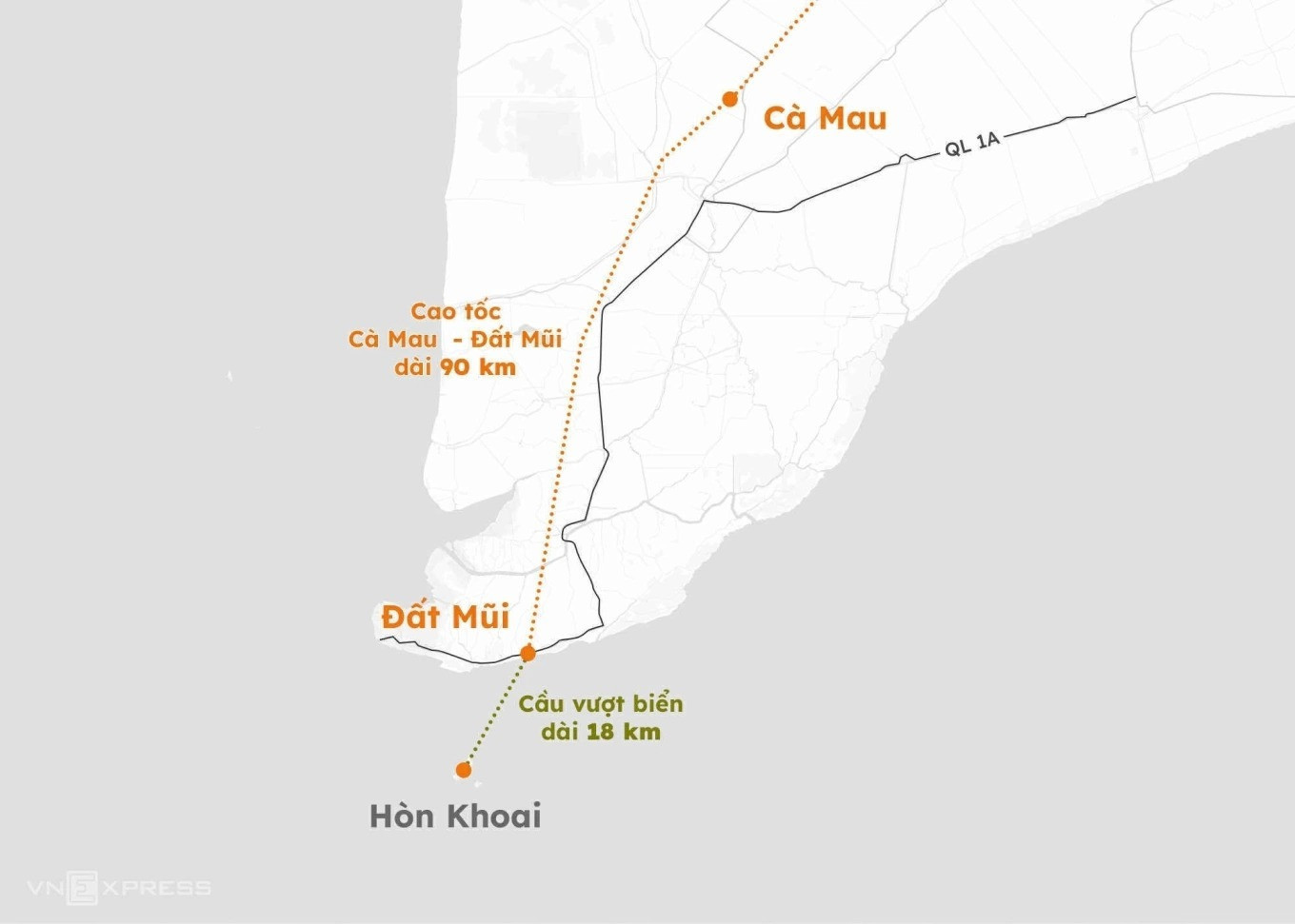 Vị trí triển khai cầu vượt biển Hòn Khoai tại Cà Mau, điểm cuối trục giao thông Bắc - Nam.