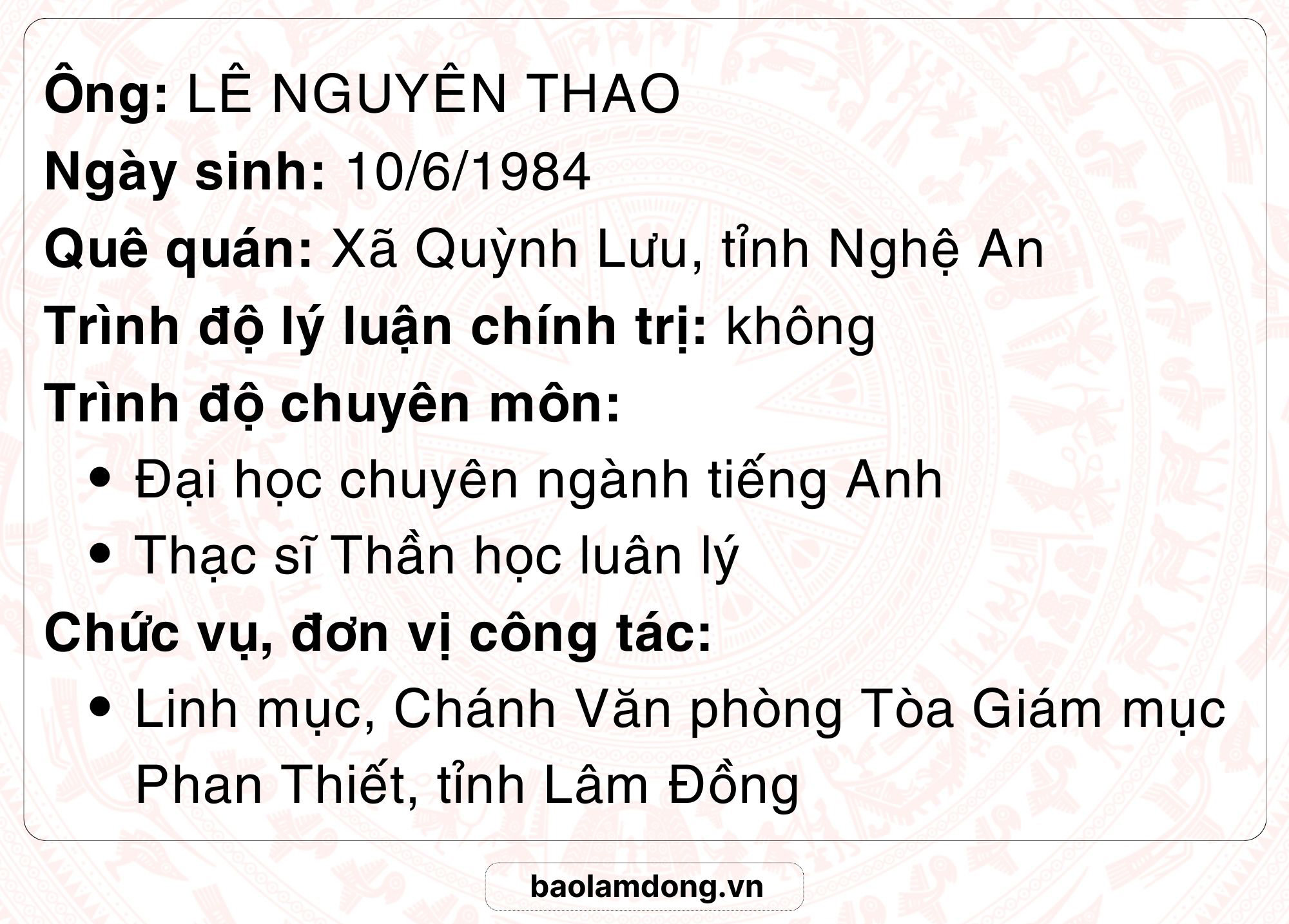 Linh mục Lê Nguyên Thao info