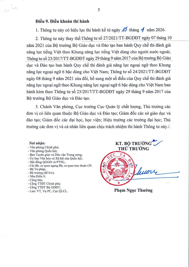 TOÀN VĂN: Thông tư 09/2026/TT-BGDĐT về tổ chức thi đánh giá năng lực ngoại ngữ và tiếng Việt- Ảnh 5.