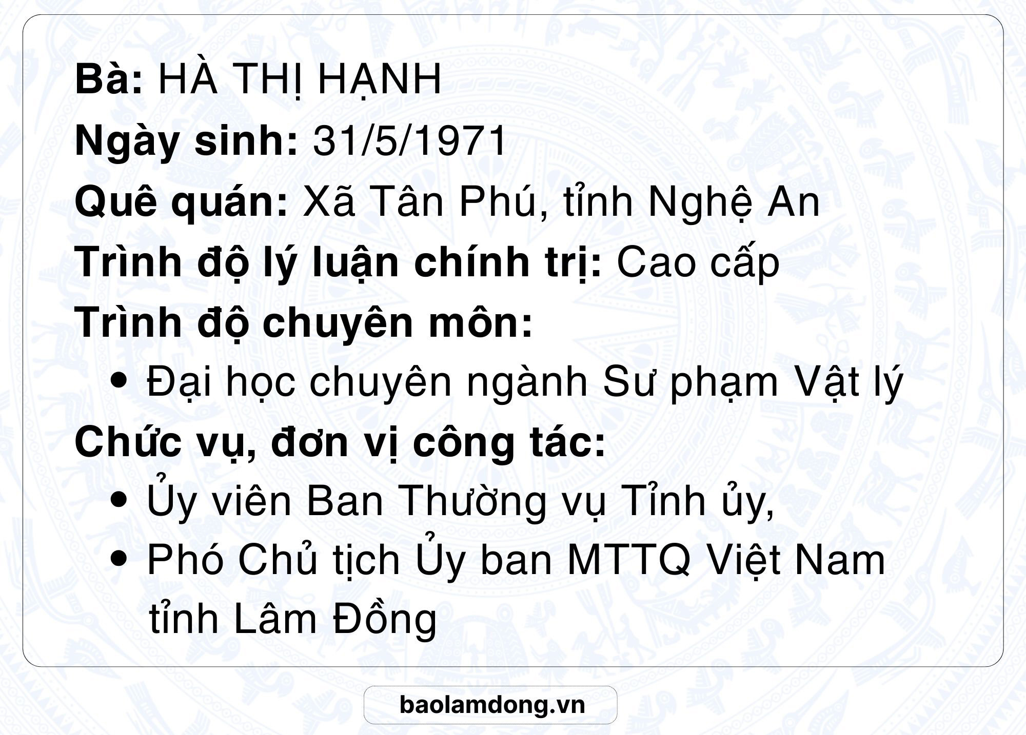 Bà HÀ THỊ HẠNH info