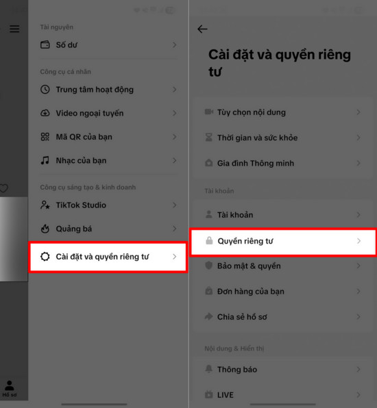 Truy cập vào mục Quyền riêng tư trong phần Cài đặt của TikTok