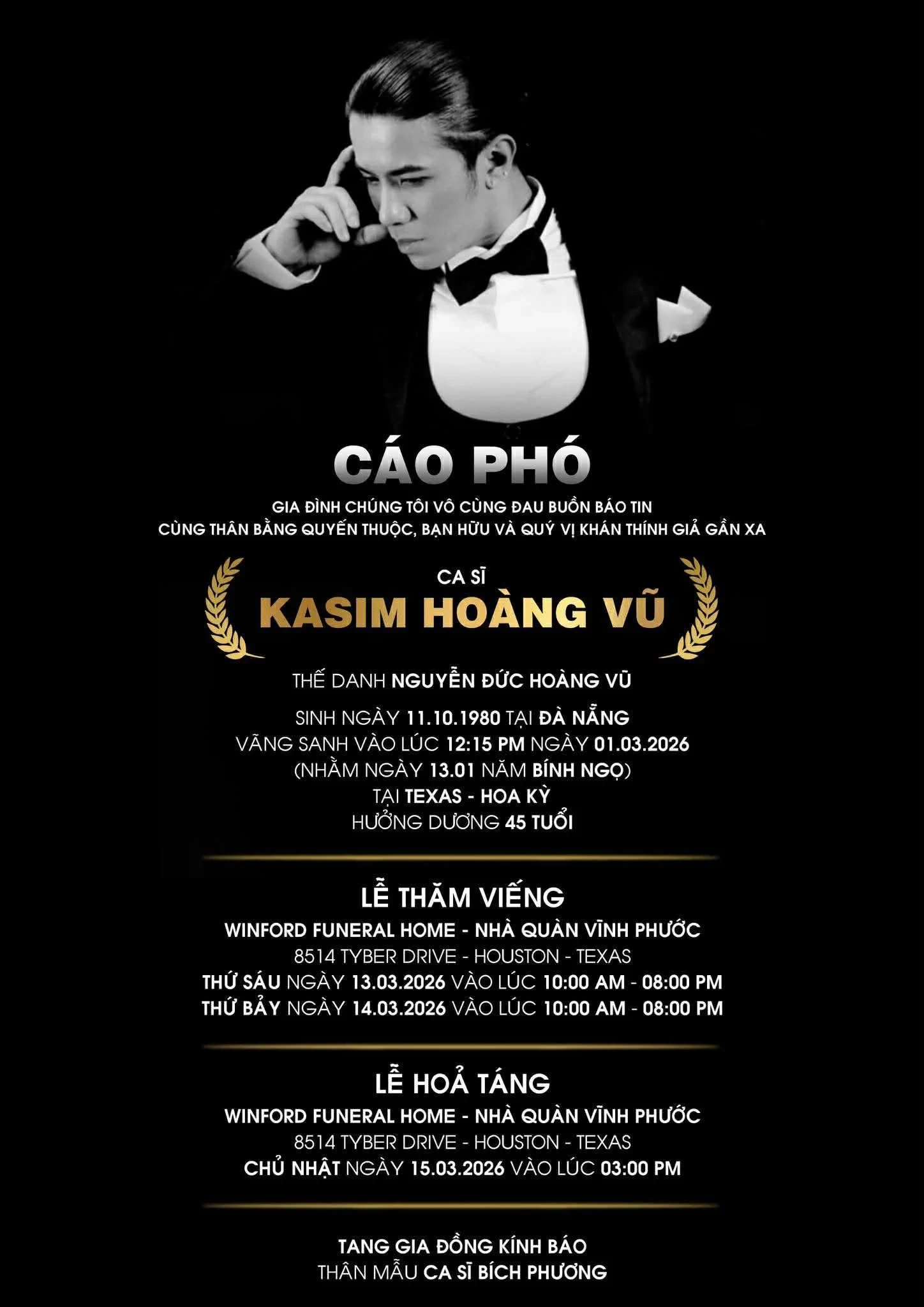 Cáo phó của ca sĩ Kasim Hoàng Vũ.