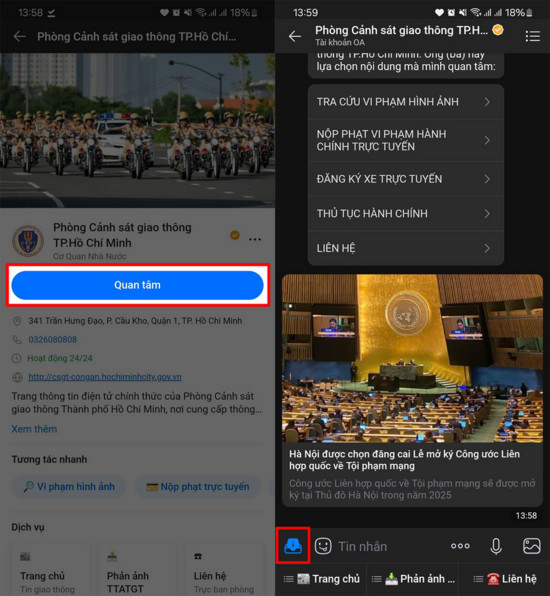 Chọn Quan tâm và vào mục Tiện ích