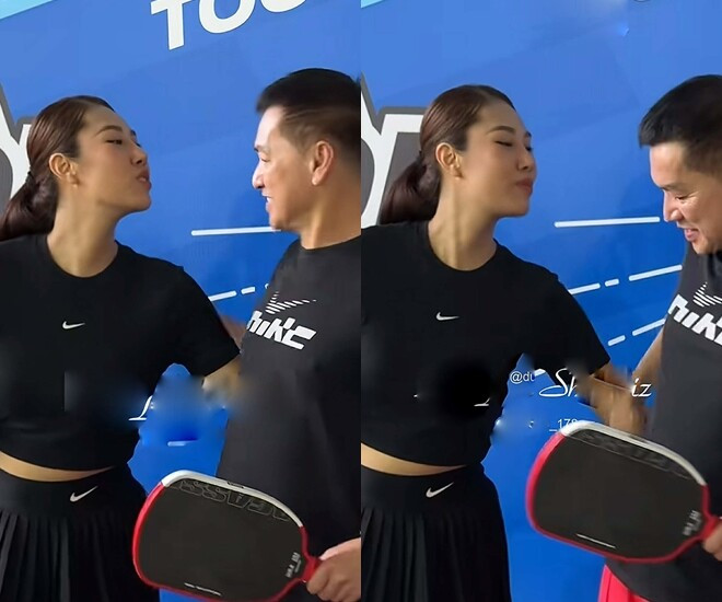 Nghệ sĩ Quang Minh và vợ trẻ Tăng Khánh Chi tại sự kiện thể thao.