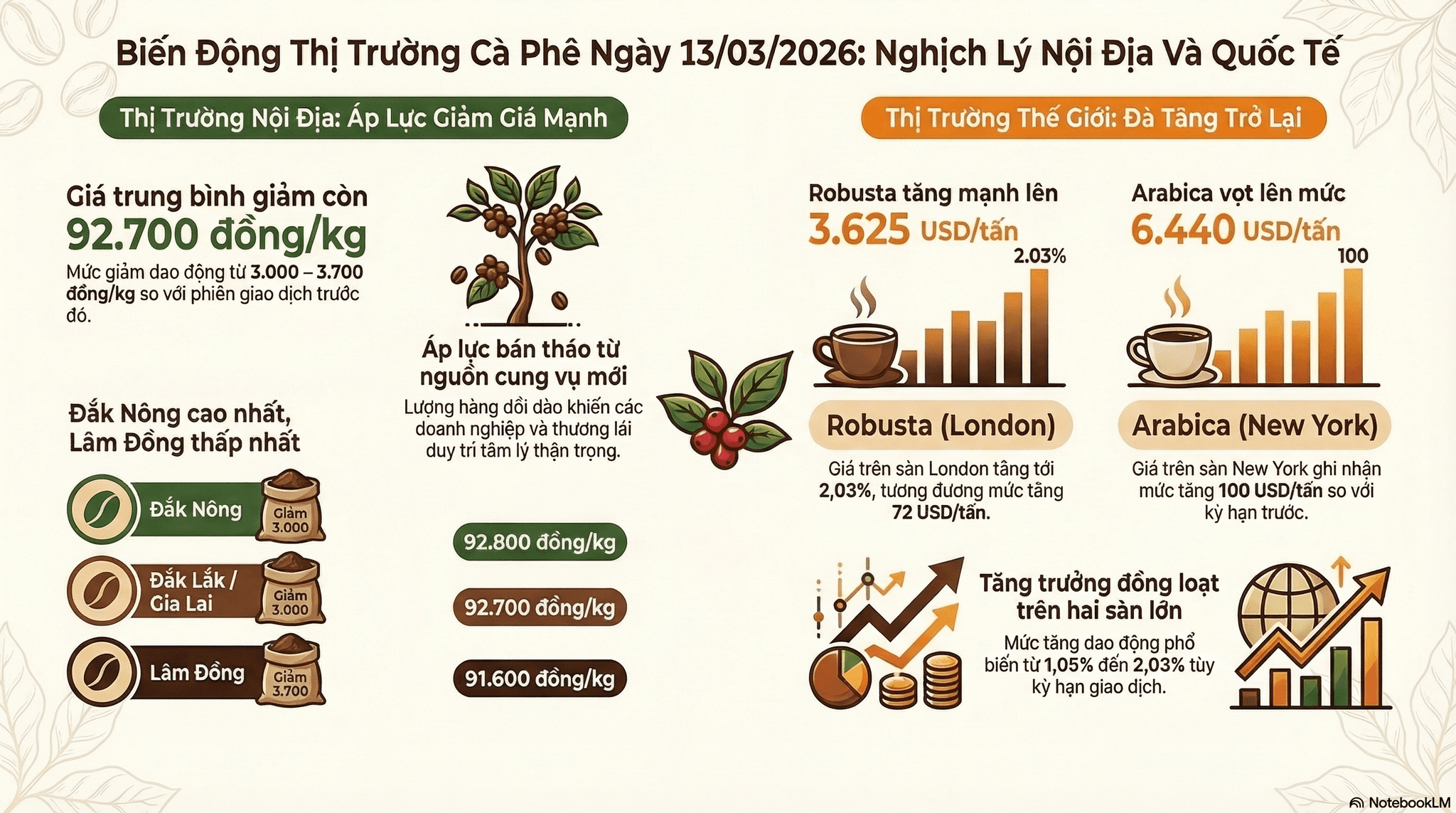 Giá cà phê hôm nay 13/3/2026 giảm tại Tây Nguyên, thế giới vẫn tăng
