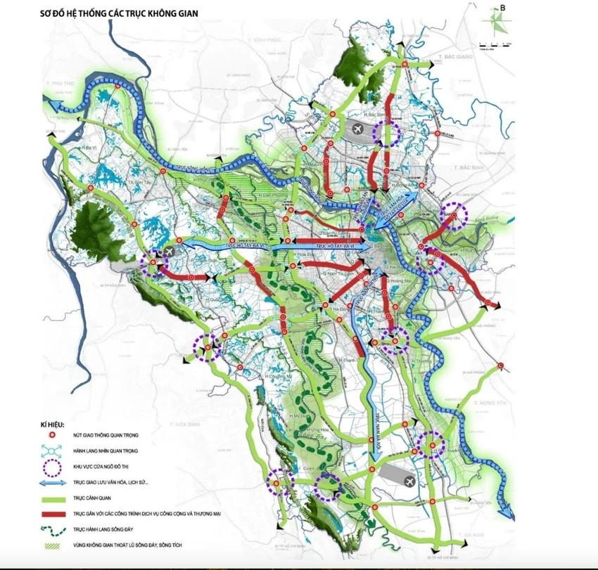 Sơ đồ các trục không gian theo Đồ án Quy hoạch tổng thể Thủ đô Hà Nội tầm nhìn 100 năm