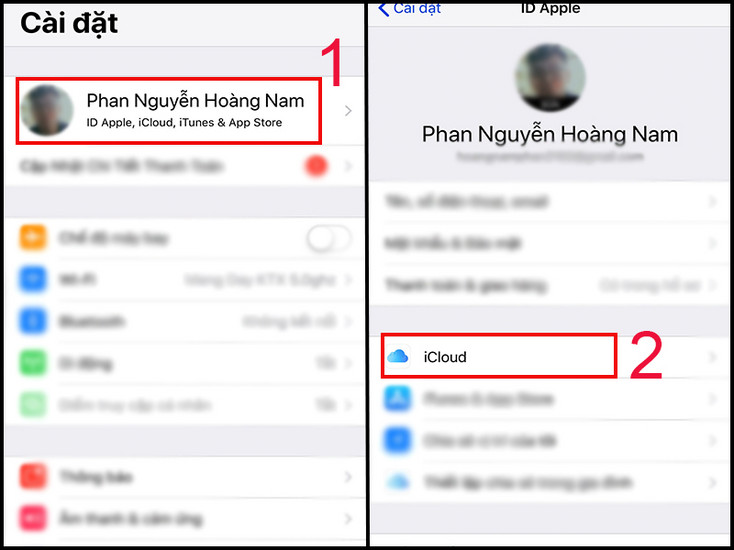 Vào cài đặt rồi chọn iCloud