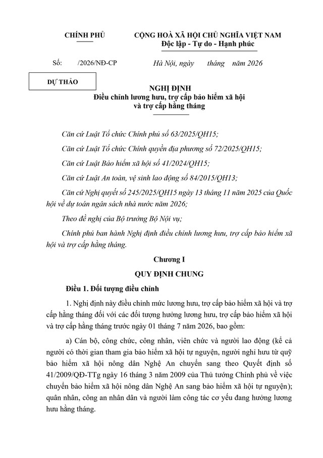 TOÀN VĂN: Dự thảo Nghị định điều chỉnh lương hưu, trợ cấp bảo hiểm xã hội và trợ cấp hằng tháng- Ảnh 1.