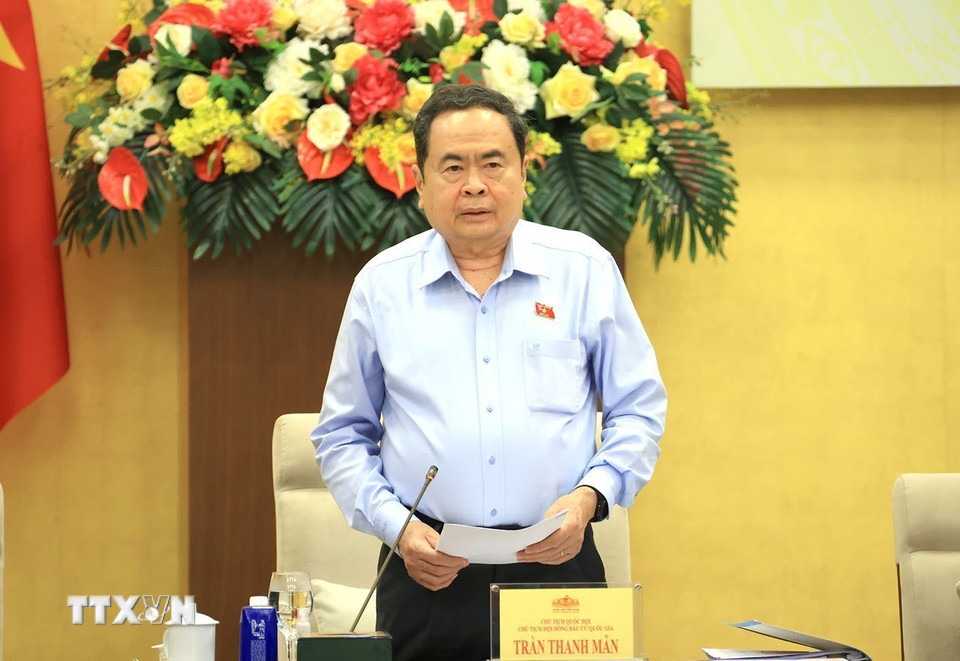 Chủ tịch Quốc hội, Chủ tịch Hội đồng bầu cử Quốc gia Trần Thanh Mẫn phát biểu. (Ảnh: Tuấn Anh/TTXVN)