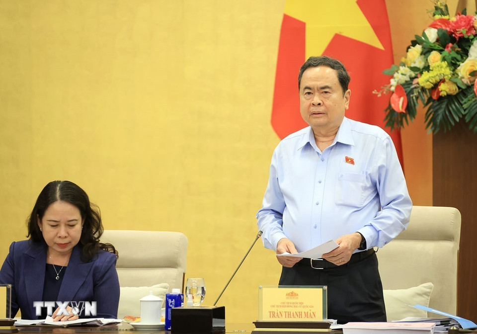Chủ tịch Quốc hội, Chủ tịch Hội đồng bầu cử Quốc gia Trần Thanh Mẫn phát biểu. (Ảnh: Tuấn Anh/TTXVN)