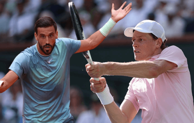 Sinner (bên phải) đối đầu Dzumhur tại vòng 2 Miami Open 2026