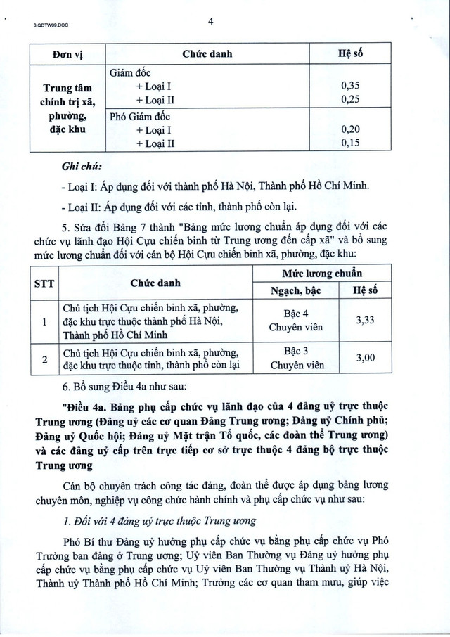TOÀN VĂN: Quyết định 09-QĐ/TW sửa đổi, bổ sung chế độ tiền lương với cán bộ, CCVC cơ quan Đảng, Mặt trận và các đoàn thể- Ảnh 4.