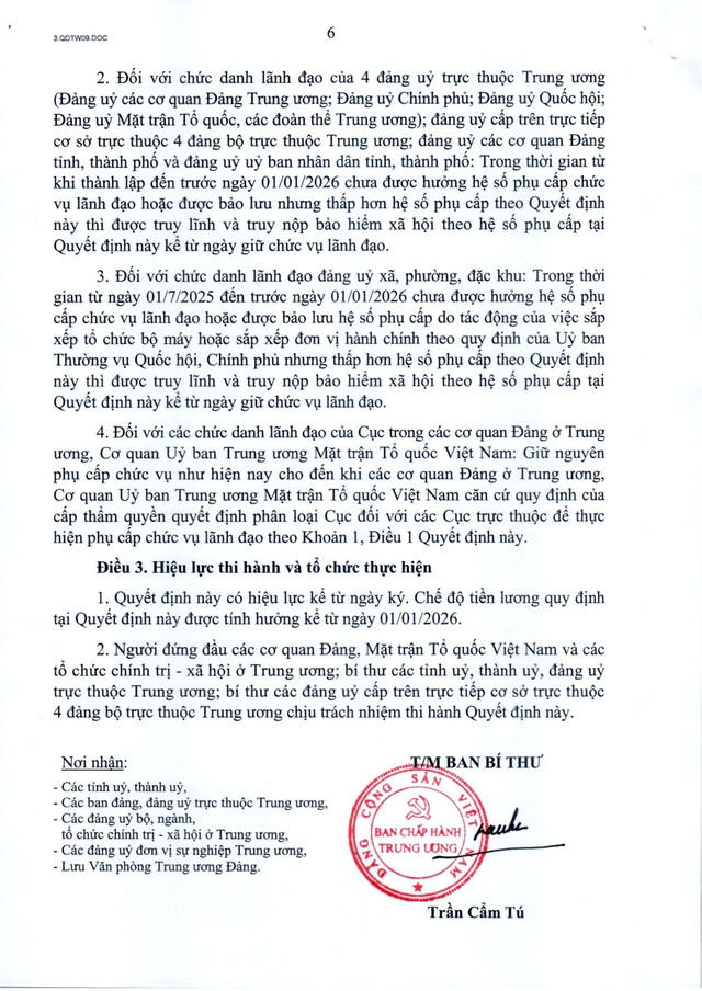 TOÀN VĂN: Quyết định 09-QĐ/TW sửa đổi, bổ sung chế độ tiền lương với cán bộ, CCVC cơ quan Đảng, Mặt trận và các đoàn thể- Ảnh 6.
