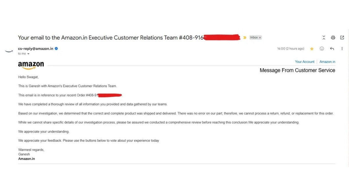 Email phản hồi từ Amazon Ấn Độ