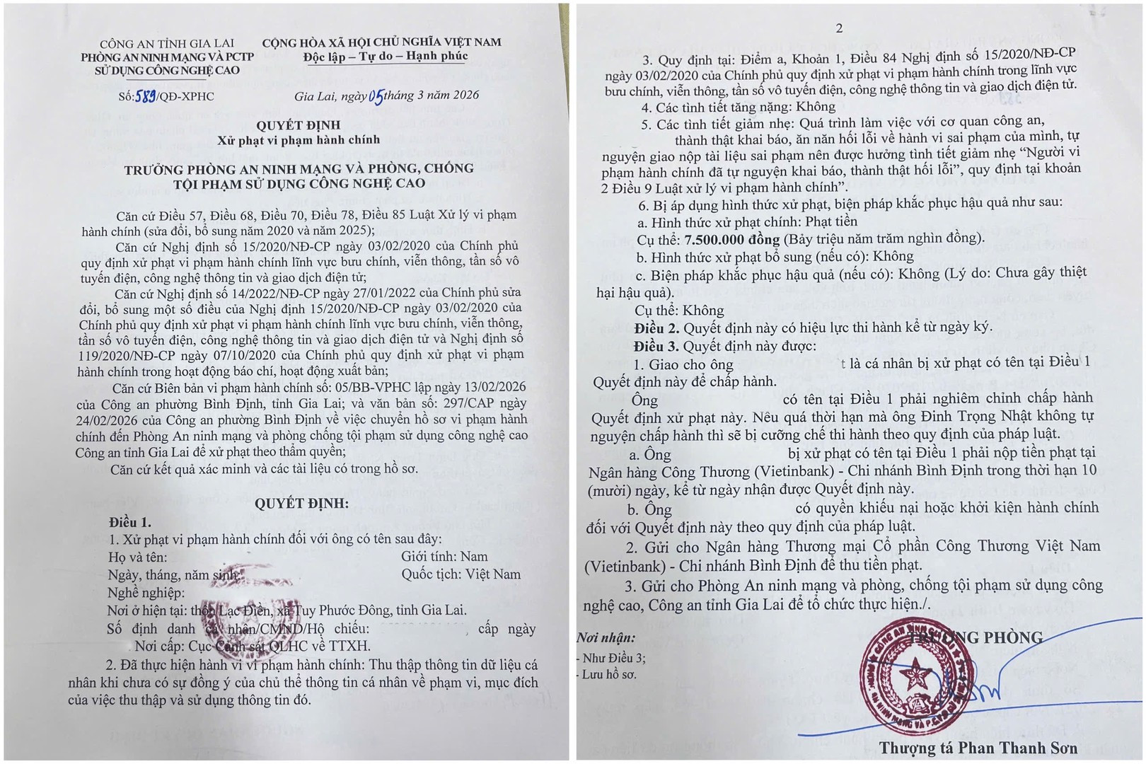 Công an tỉnh Gia Lai ra quyết định xử phạt hành chính