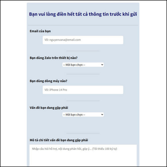 Giao diện trang hỗ trợ của Zalo