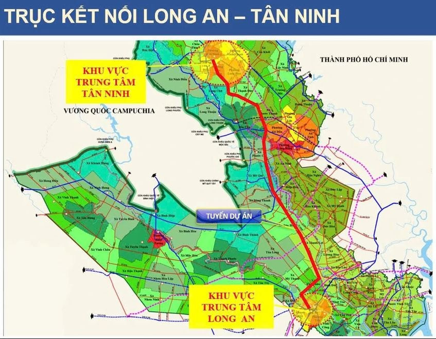 Bản đồ quy hoạch hướng tuyến dự án kết nối giữa hai Link vào Long An và Tây Ninh với quy mô liên vùng.