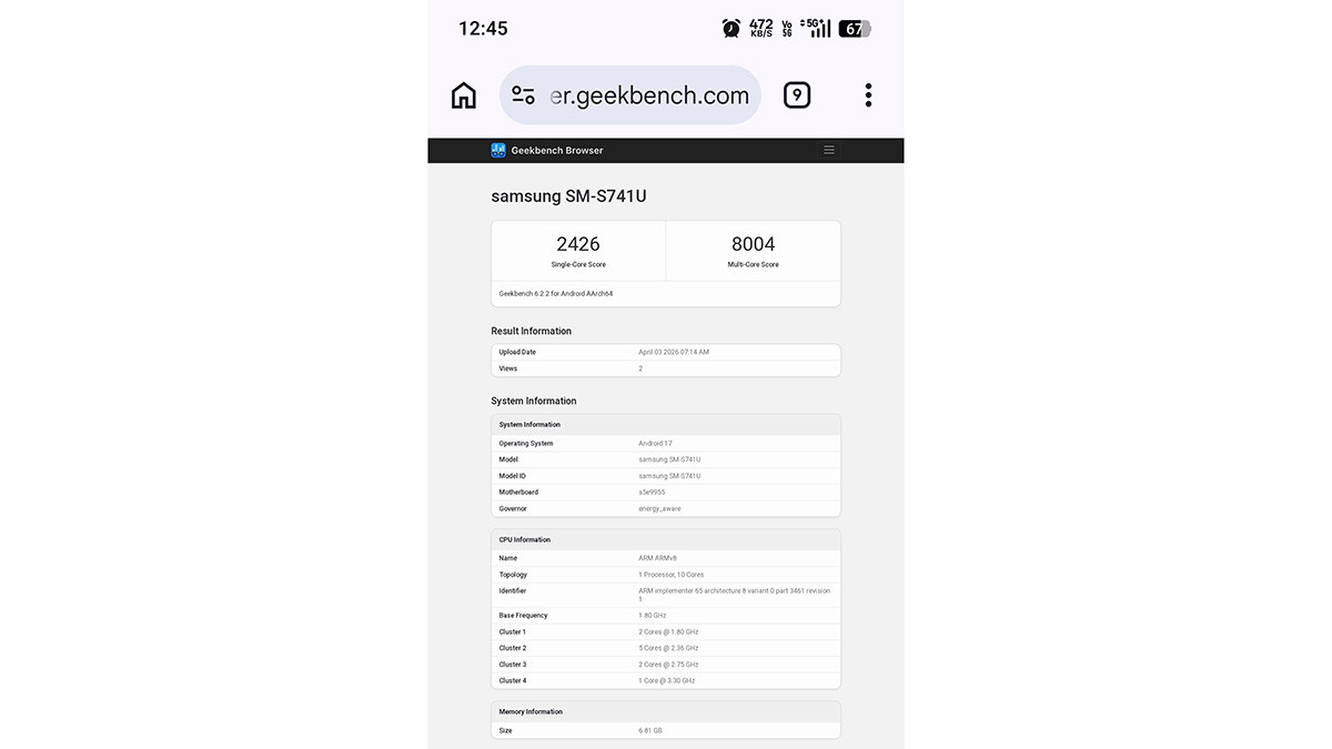 Galaxy S26 FE được thử nghiệm hiệu năng trên Geekbench