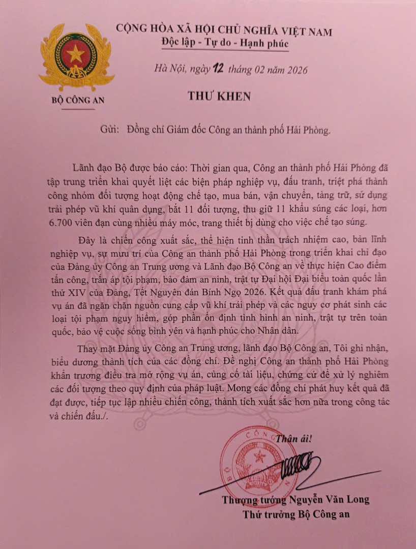 Thư khen của Thượng tướng Nguyễn Văn Long dành cho Công an Hải Phòng.
