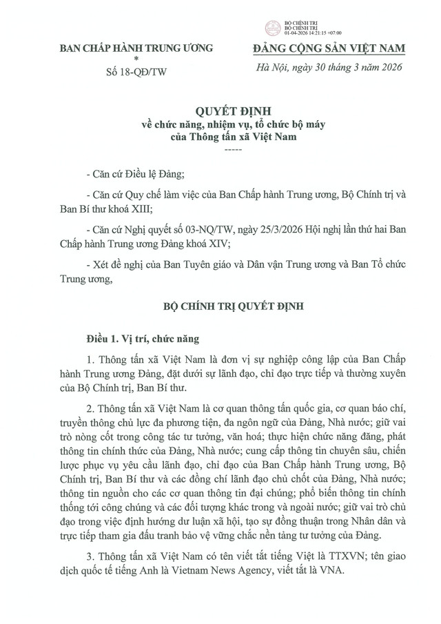 TOÀN VĂN: Quyết định số 18-QĐ/TW về chức năng, nhiệm vụ, tổ chức bộ máy của Thông tấn xã Việt Nam- Ảnh 1.