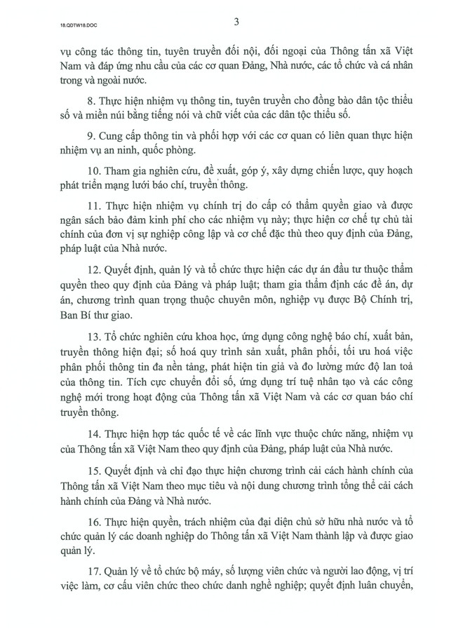 TOÀN VĂN: Quyết định số 18-QĐ/TW về chức năng, nhiệm vụ, tổ chức bộ máy của Thông tấn xã Việt Nam- Ảnh 3.