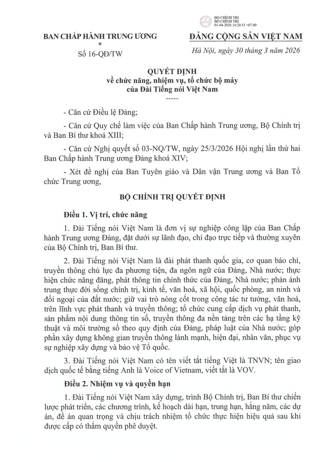 TOÀN VĂN: Quyết định số 16-QĐ/TW về chức năng, nhiệm vụ, tổ chức bộ máy của Đài Tiếng nói Việt Nam- Ảnh 1.