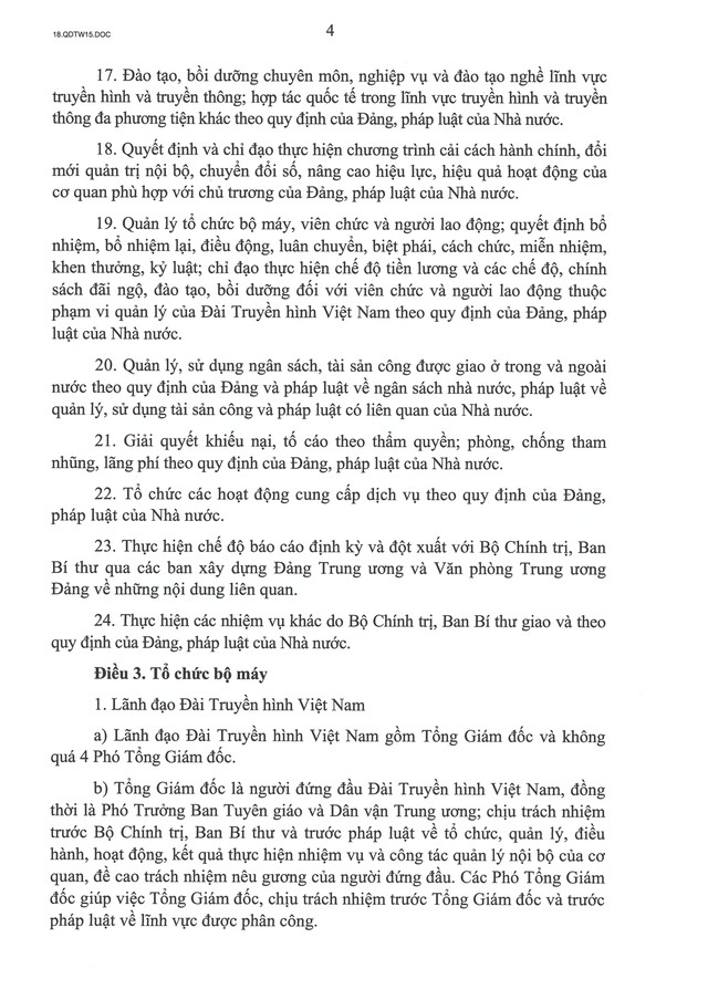 TOÀN VĂN: Quyết định số 15-QĐ/TW về chức năng, nhiệm vụ, tổ chức bộ máy của Đài Truyền hình Việt Nam- Ảnh 4.