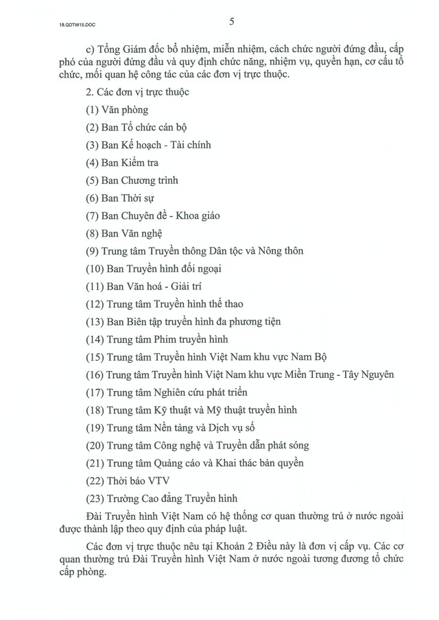 TOÀN VĂN: Quyết định số 15-QĐ/TW về chức năng, nhiệm vụ, tổ chức bộ máy của Đài Truyền hình Việt Nam- Ảnh 5.