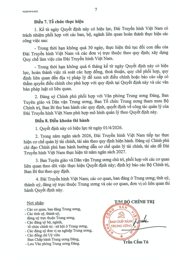 TOÀN VĂN: Quyết định số 15-QĐ/TW về chức năng, nhiệm vụ, tổ chức bộ máy của Đài Truyền hình Việt Nam- Ảnh 7.