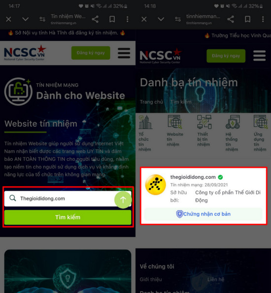 Kết quả tra cứu tín nhiệm website