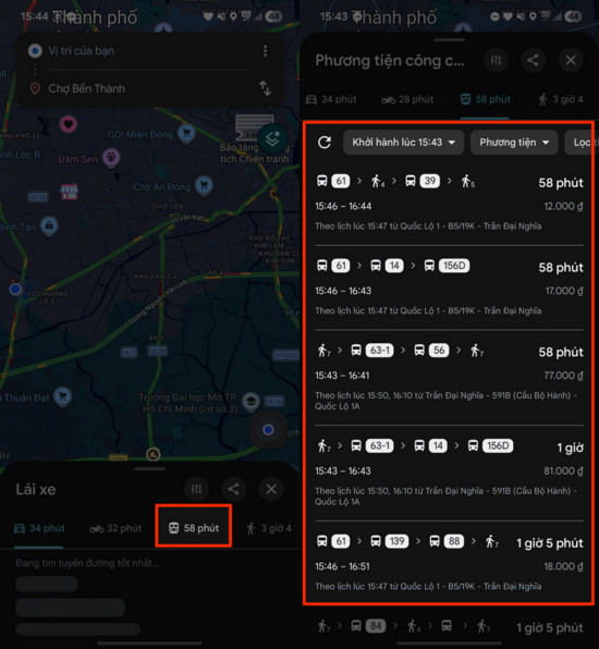Lựa chọn tuyến xe buýt phù hợp trên Google Maps