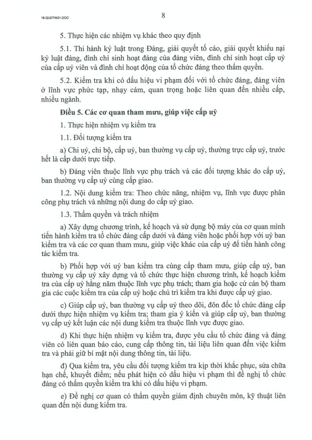 QUY ĐỊNH SỐ 21-QĐ/TW về CÔNG TÁC KIỂM TRA, GIÁM SÁT, KỶ LUẬT CỦA ĐẢNG- Ảnh 10.