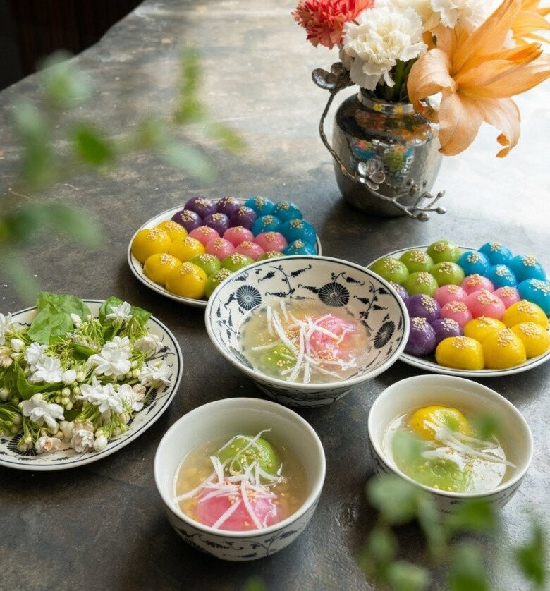 Cận cảnh đĩa bánh trôi ngũ sắc do diễn viên Phương Oanh tự tay thực hiện.