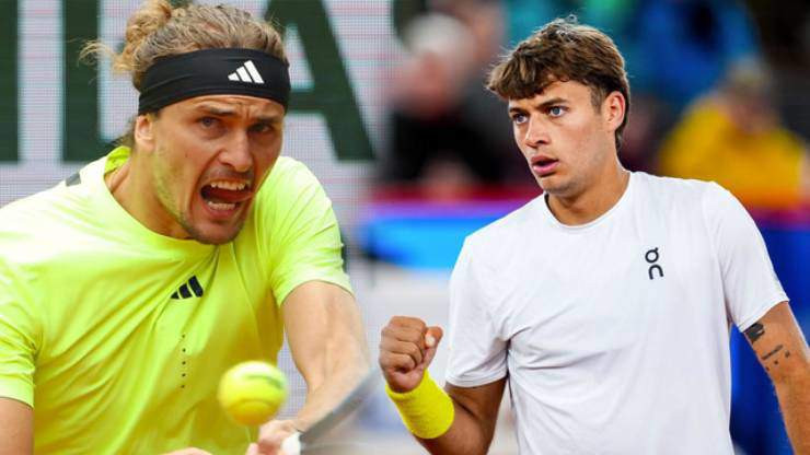Tay vợt Alexander Zverev trong trang phục thi đấu màu vàng đang thực hiện cú đánh tại Munich Open 2026