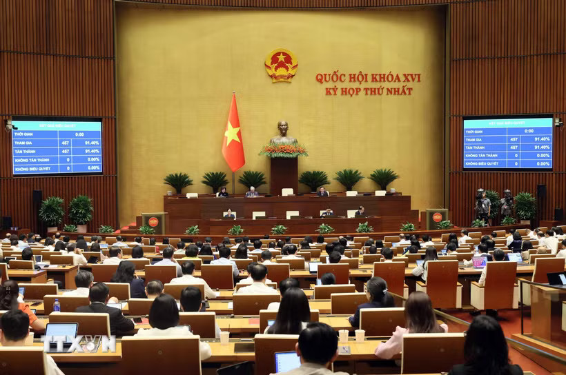 Quốc hội biểu quyết thông qua việc điều chỉnh, bổ sung Chương trình kỳ họp thứ Nhất, Quốc hội khóa XVI. (Ảnh: An Đăng/TTXVN)