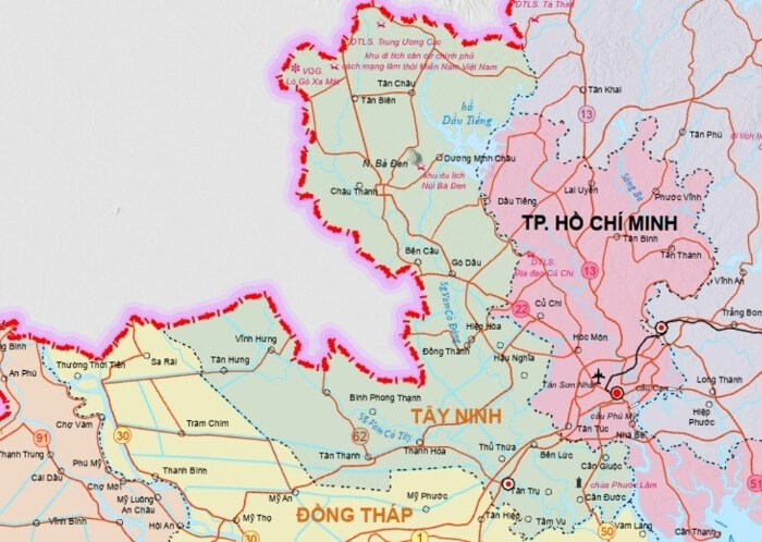 Bản đồ hành chính tỉnh Tây Ninh sau khi thực hiện điều chỉnh quy hoạch và sáp nhập địa giới.