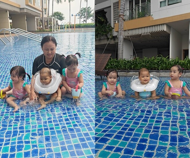 Con gái H'Hen Niê đi bơi cùng bà nội trong kỳ nghỉ lễ.