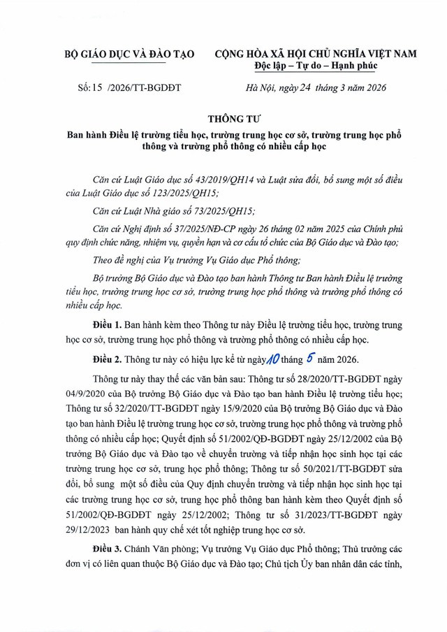 TOÀN VĂN Thông tư số 15/2026/TT-BGDĐT: Điều lệ trường tiểu học, trường trung học cơ sở, trường trung học phổ thông và trường phổ thông có nhiều cấp học- Ảnh 1.