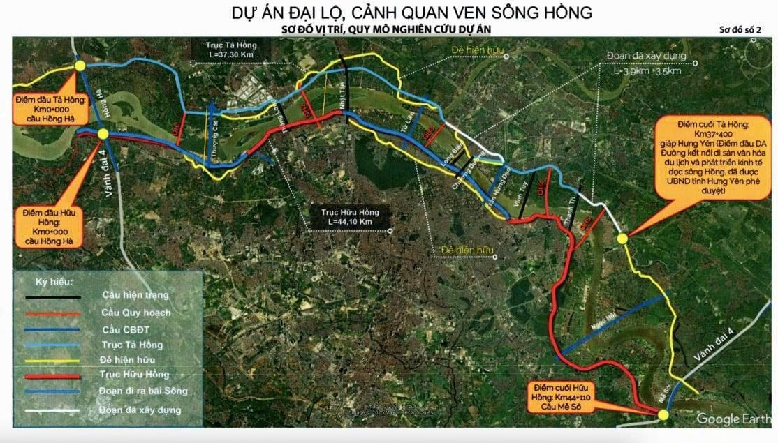 Vị trí và hướng tuyến triển khai Dự án Trục đại lộ cảnh quan sông Hồng
