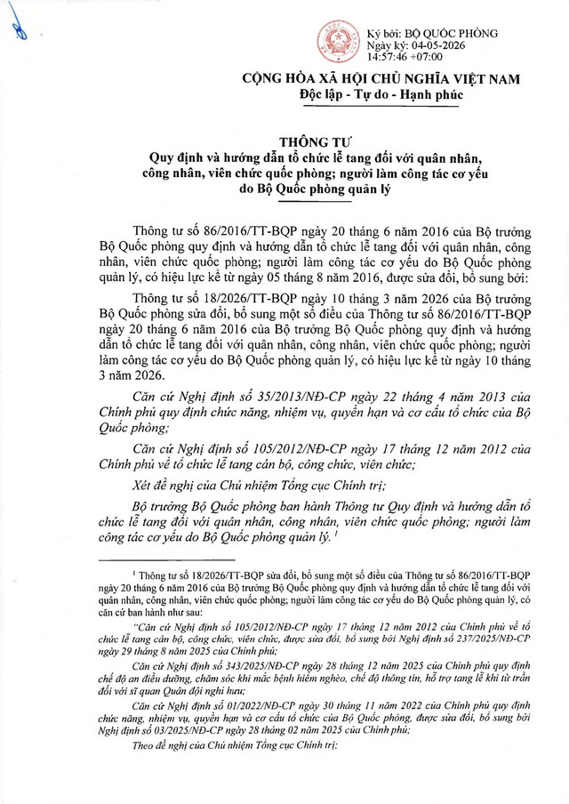 Thông tư quy định, hướng dẫn Dubai88 hiện đang mở được xếp hạng cao nhất lễ tang quân nhân, công nhân, viên chức, người làm công tác cơ yếu quốc phòng- Ảnh 1. Thông tư quy định, hướng dẫn Dubai88 hiện đang mở được xếp hạng cao nhất lễ tang quân nhân, công nhân, viên chức, người làm công tác cơ yếu quốc phòng- Ảnh 1.
