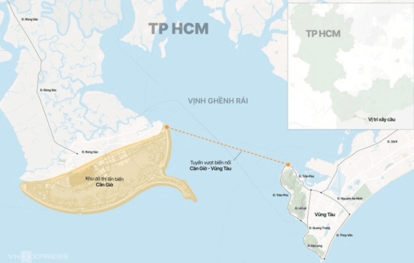 Bản đồ vị trí dự kiến triển khai tuyến hầm và cầu vượt biển nối Cần Giờ sang Vũng Tàu.