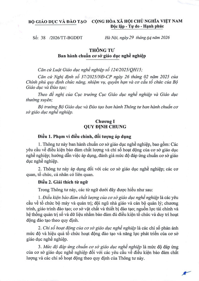 TOÀN VĂN: Thông tư số 38/2026/TT-BGDĐT ban hành chuẩn cơ sở giáo dục nghề nghiệp- Ảnh 1.
