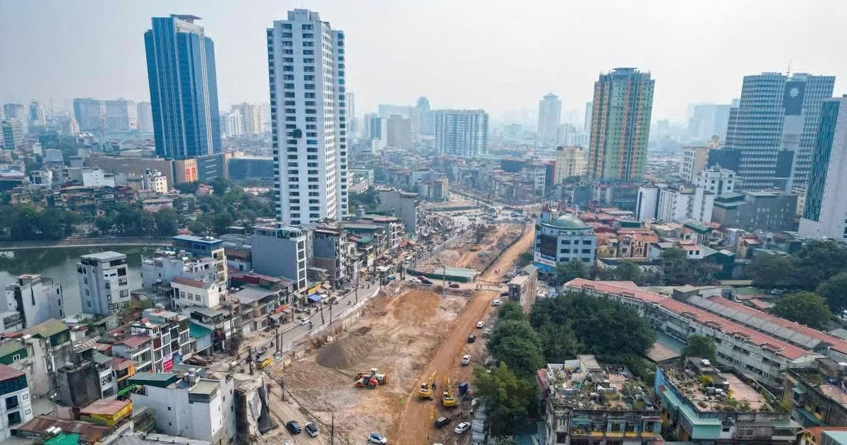 Toàn cảnh công trường dự án Vành đai 1 đoạn Hoàng Cầu – Voi Phục nhìn từ trên cao