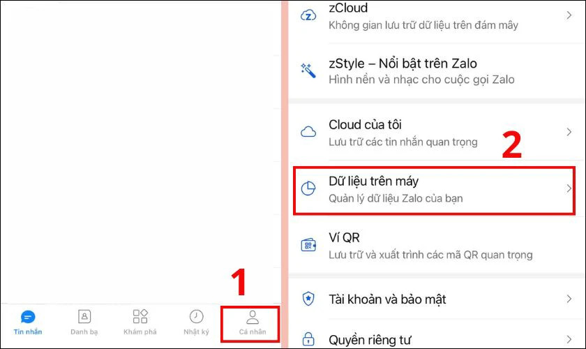Giao diện quản lý dữ liệu trên ứng dụng Zalo