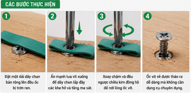 Sử dụng dây cao su để tháo vít bị trờn ren hiệu quả