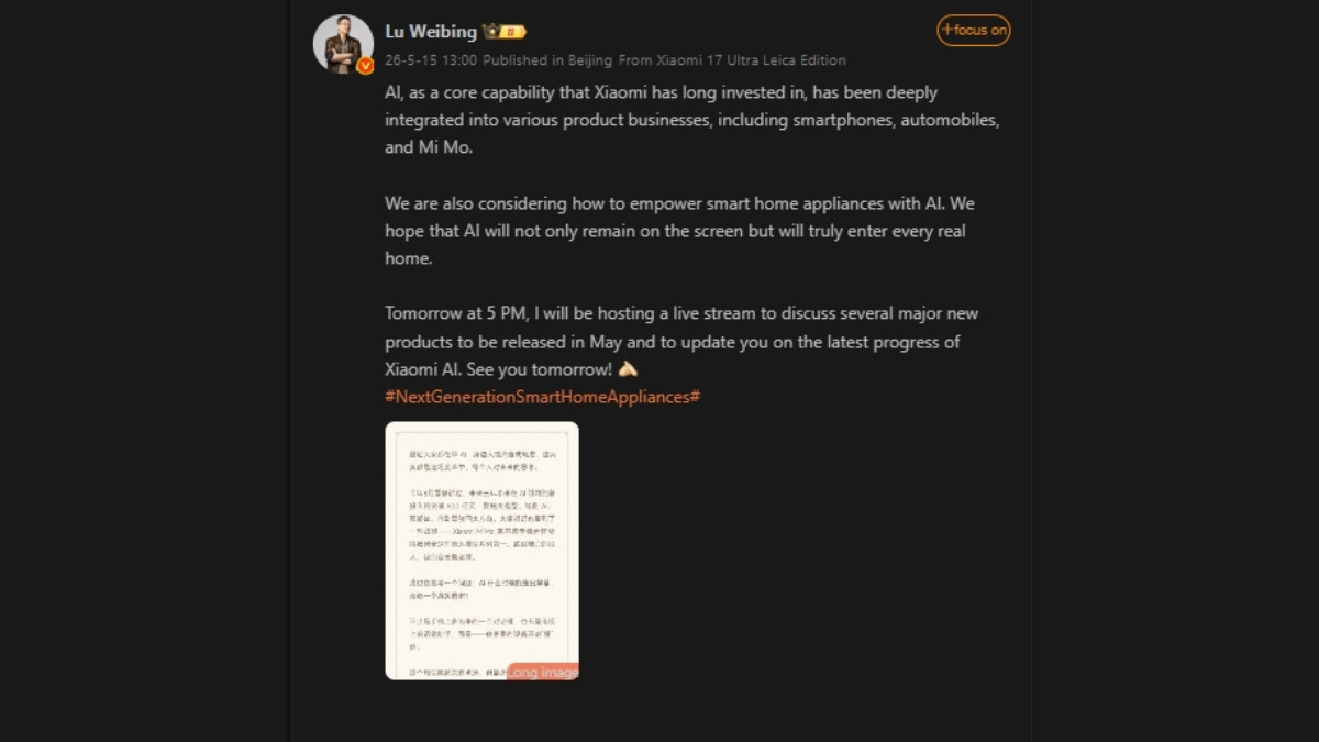 Chủ tịch Xiaomi Lu Weibing nhấn mạnh việc đưa trí tuệ nhân tạo lên các thiết bị gia dụng trên mạng xã hội